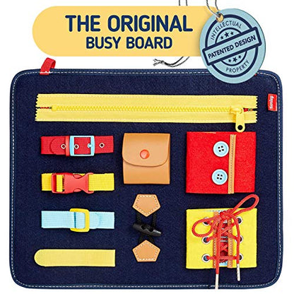 Toddler Busy Board - Montessori Fine Motor Skills Toy - Zipper Buckle Button Shoe Tying Practice Board - Sensory Activity Busy Board for Toddlers - Soft Felt Travel Learning Toys for Kids Ages 3 4 5