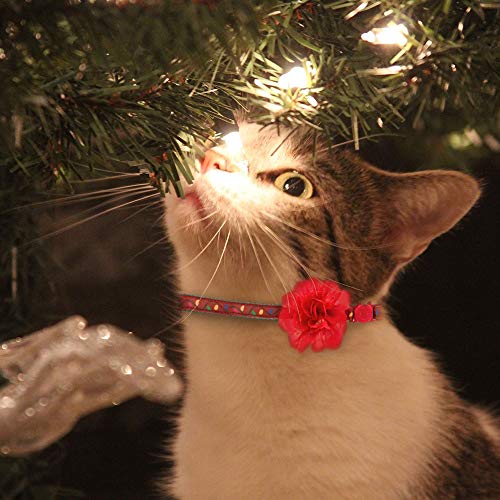 CHERPET Christmas Cat Collar with Bell - 2 Pack Breakaway Adjustable Flower Cat Collars, Elk & String Lights Pattern Cute Pet Collars Set Holiday Decoration for Cats, Kitten, Small Animals
