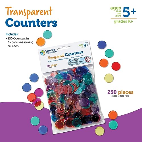 Learning Resources Transparent Color Counting Chips - 250 Pieces, Ages 5+, Math Counters for Kids, Counting Chips, Perfect for Bingo Games,Back to School Supplies,Teacher Supplies