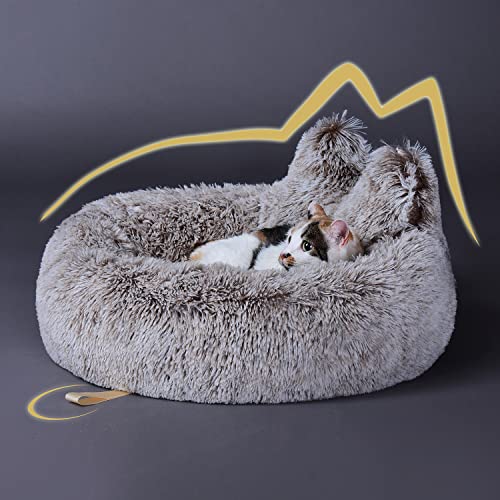 Lazy Rabbit Upgrade Cat Bed, Cat Beds for Indoor Cats, Calming and Cozy Large Fluffy Warming Cat Beds, Washable, Plush and Modern Beds & Furniture, Gradual Brown Color, 24inch