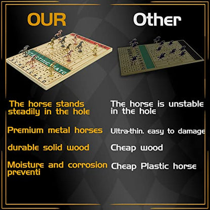Jyquorp Horse Race Board Game Racing Game Thickened Solid Wood with 11 Luxurious Durable Classic Metal Horses with 4 Dice and 2 Boxes of Cards Horse Racing Game (Log Color, Rectangle)…
