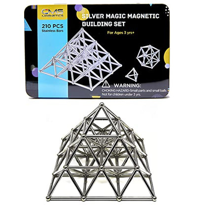 CMS MAGNETICS - (210-Piece Silver Magnetic Building Set Tin Box Case Sticks Construction Toy STEM Educational Learning Activity for Brain Development, Creativity, Imagination, Attention Span