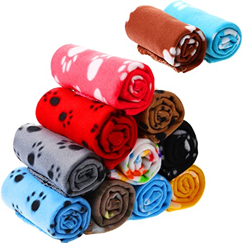 12 Pieces Fleece Blankets for Pets Dog Puppy Blankets Paw Print Dogs Cat Blanket Bedding Cover for Small Animals Guinea Pig Cage Liner Sleep Pet Mat Pad Kitten Soft Warm Blanket (28 x 24 Inches)