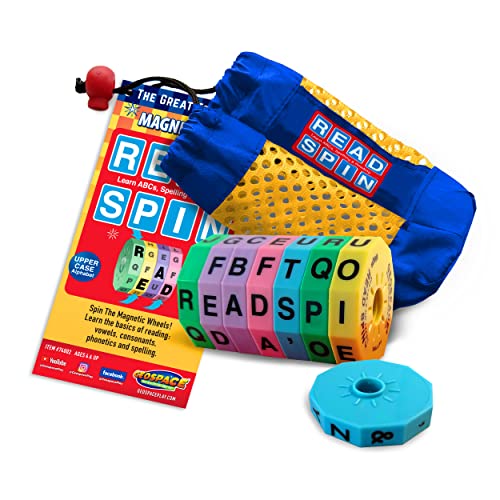 Geospace Read Spin Education Game for Kids – A Handheld Magnetic Spelling Game with Storage Pouch (Upper Case Letters)