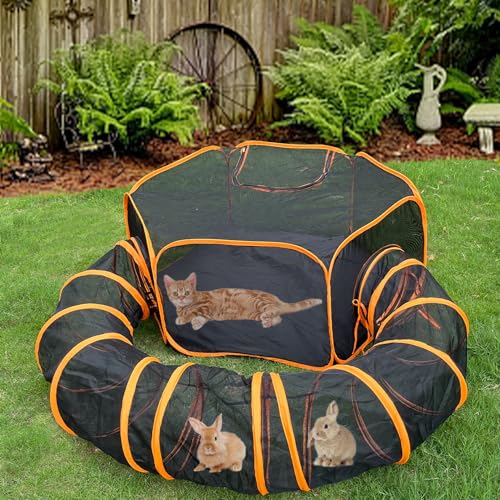 BNOSDM Outdoor Cat Enclosures Mesh Cat Tent with Tunnel Foldable Pop Up Pet Playpen Portable Playhouse for Indoor Cats and Small Animals