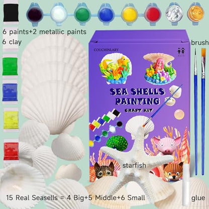 COUCHINLARY Natural Sea Shells Painting Kit for Kids Children Arts and Crafts Seashells Starfish Arts & Crafts Gifts for Girls Boys Age 3+ Year Old 4-6, 4-8, 8-12 DIY Watercolor Painting