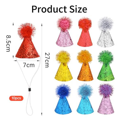KALIONE 10 Packs Cat Birthday Hat, Dog Party Hats, Multi-color Cat Hats, Mini Party Hats, Cute Puppy Hat with Pompons, Adjustable Headbands Birthday Hats for Kittens Rabbits Dogs Small Animals Friends