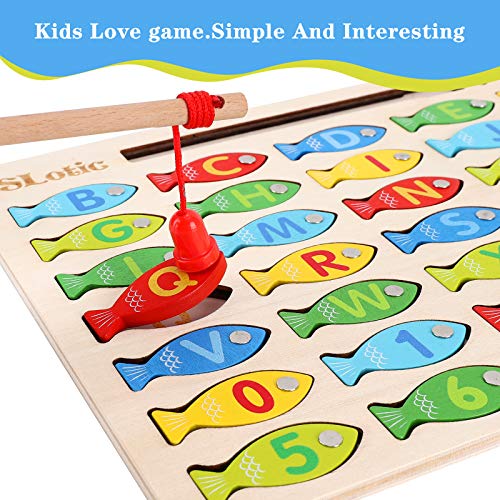 Slotic Magnetic Wooden Fishing Game Toy for Toddlers - Alphabet ABC Fish Catching Counting Learning Education Math Preschool Board Games Toys Gifts for 3 4 5 Years Old Girl Boy Kids