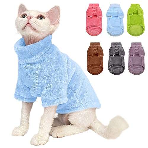 SUNFURA Turtleneck Sweater Coat for Cat, Kitten Fleece Winter Pullover Vest Cat Cozy Soft Pajamas with Sleeves for Puppy Cats, Pet Warm and Jumpsuit Apparel for Cold Weather, Blue L