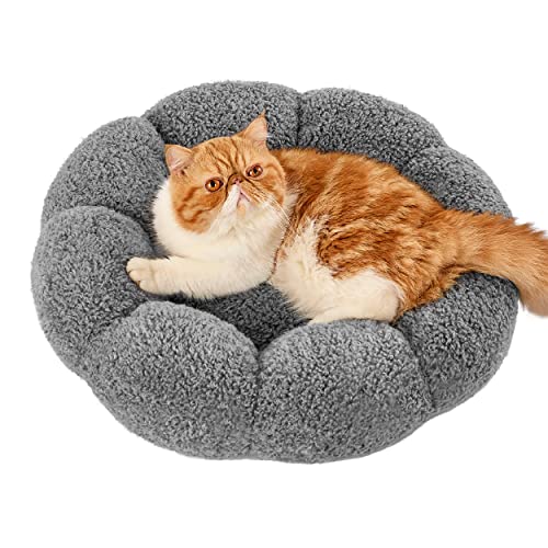 Lesure Calming Cat Beds for Indoor Cats - Cute Flower Pet Beds in Teddy Sherpa Plush, Donut Round Fluffy Puppy Bed, Non-Slip Extra Small Dog Bed Fits up to 15 lbs, Machine Washable, Grey 20"