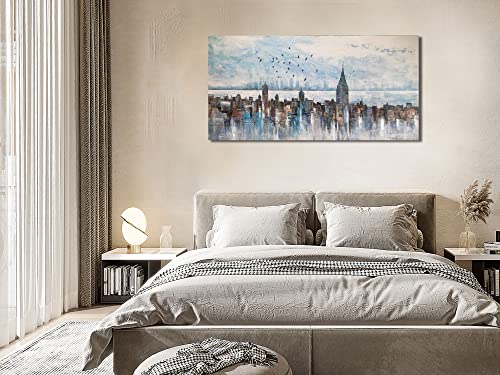 Arjun Cityscape Wall Art New York City Skyline Buildings Picture Modern Abstract Grey NYC Skyline Birds Painting Framed Artwork for Bedroom Living Room Bathroom Home Office Decor, Large Size 40"x20"