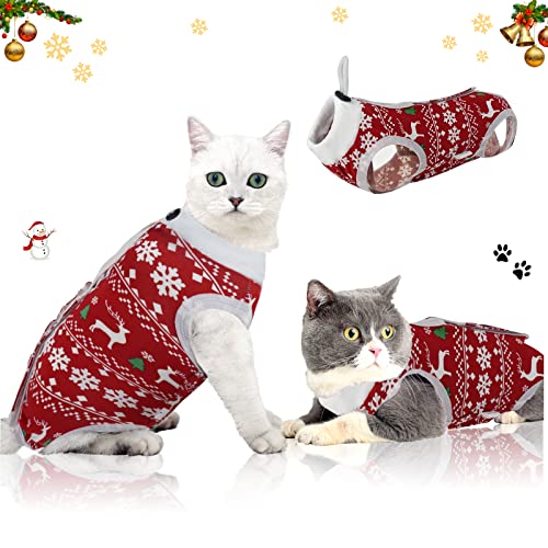 oUUoNNo Cat Wound Surgery Recovery Suit for Abdominal Wounds or Skin Diseases, After Surgery Wear, Pajama Suit, E-Collar Alternative for Cats (L, Christmas)