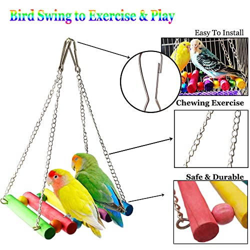 ESRISE 8 Pcs Parakeet Cockatiel Bird Toys, Hanging Bell Pet Bird Cage Hammock Swing Toy Wooden Perch Chewing Toy for Budgerigar, Conures, Love Birds, Finches, Mynah