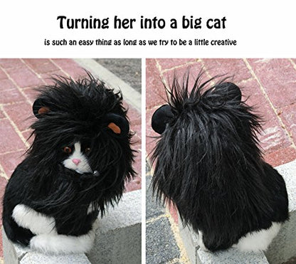 Onmygogo Lion Mane Wig for Cats, Funny Pet Cat Costumes for Halloween Christmas, Furry Pet Clothing Accessories (Size S, Black)