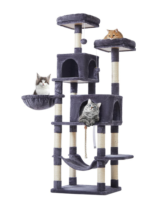 Taoqimiao Cat Tree, 66.2-Inch Cat Tower for Indoor Cats, Plush Multi-Level Cat Condo with 12 Scratching Posts, 2 Perches, 2 Caves, Hammock, 2 Pompoms, Smoky Gray MS013G