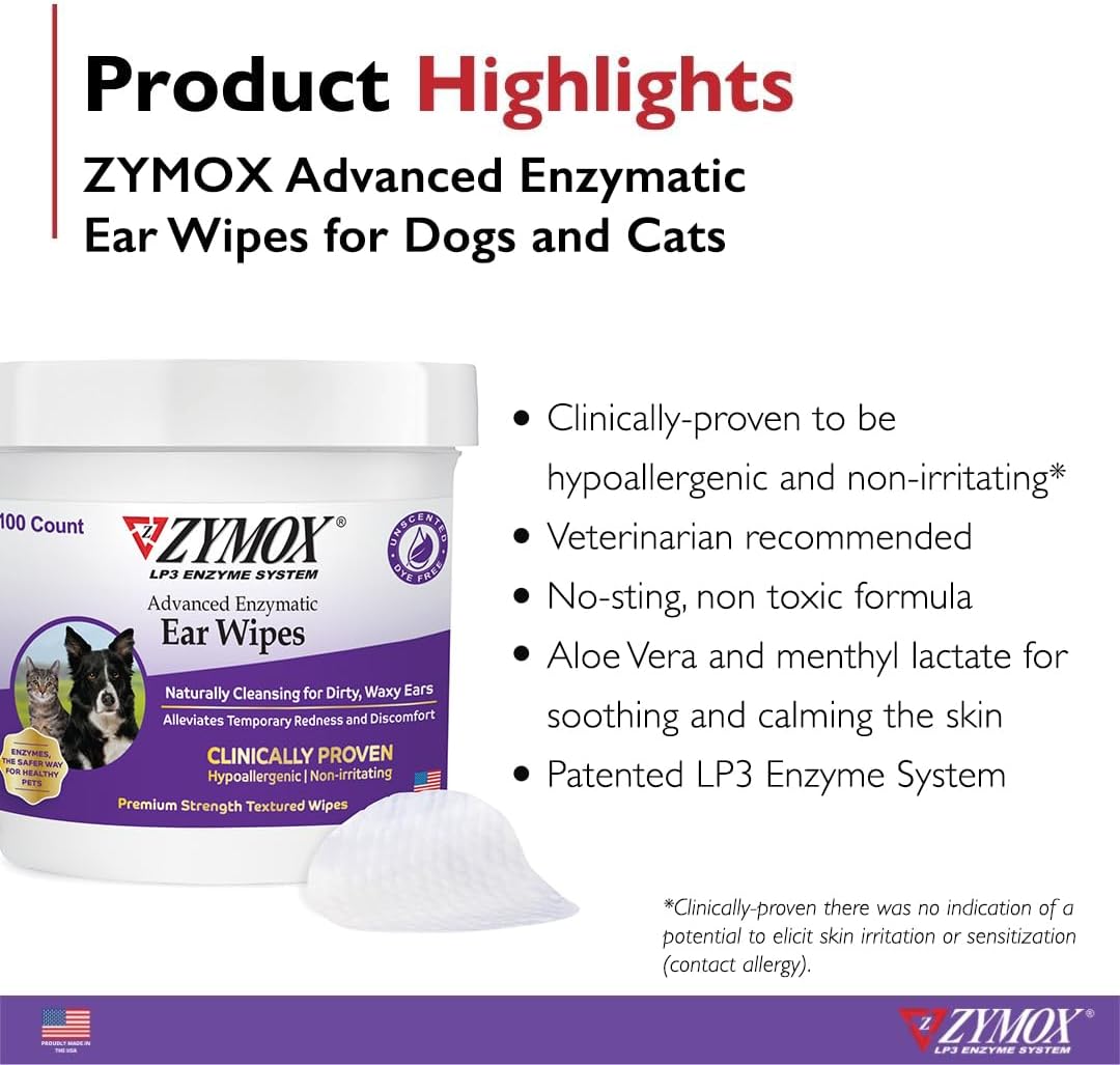 Zymox Advanced Enzymatic Ear Wipes for Dogs and Cats - for Dirty, Waxy, Smelly Ears - Premium Strength Ear Cleaner Wipes - Non-Irritating - Hypoallergenic - 100 ct