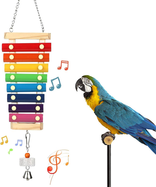 Large Parrot Toys Large Bird Suspensible Xylophone Toy, Multicolored Natural Wooden Bird Chewing Toys with Grinding Stone for Large, Medium Birds Macaws African Grey Cockatoos Amazon