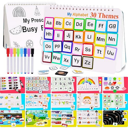 Busy Book for Kids, Montessori Preschool Learning Activities,30 Themes Book with 8 Marker, Workbook Activity Binder/Toys for Toddlers 1-3, Autism Learning Materials and Tracing Coloring Book