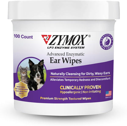 Zymox Advanced Enzymatic Ear Wipes for Dogs and Cats - for Dirty, Waxy, Smelly Ears - Premium Strength Ear Cleaner Wipes - Non-Irritating - Hypoallergenic - 100 ct