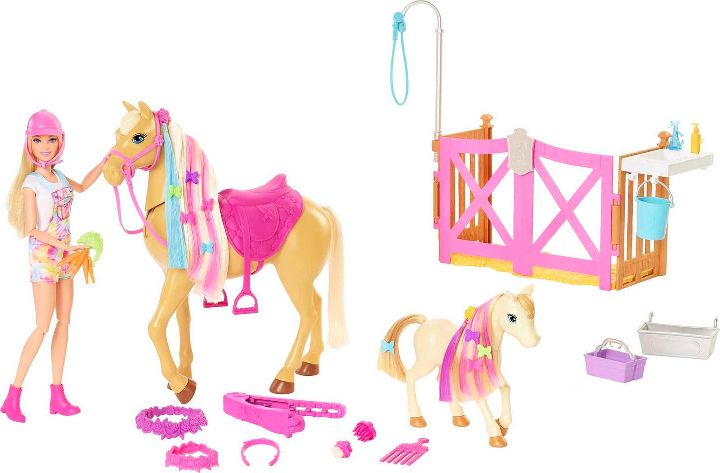 Barbie Groom 'n Care Horses Playset with Barbie Doll (Blonde 11.5-in), 2 Horses & 20+ Grooming and Hairstyling Accessories, For 3 to 7 Year Olds (Amazon Exclusive)