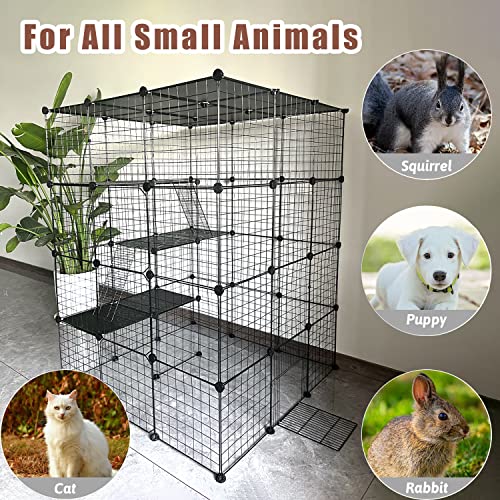 Large Cat Cage Indoor Cat Enclosures DIY Cat Playpen Detachable Metal Kennel with 3 Platforms Beds and 2 Ladders, Ideal for 1-4 Cats，Guinea Pigs, Rabbits, Small Animals (41.7"L x 41.7"W x 56“H, Black)