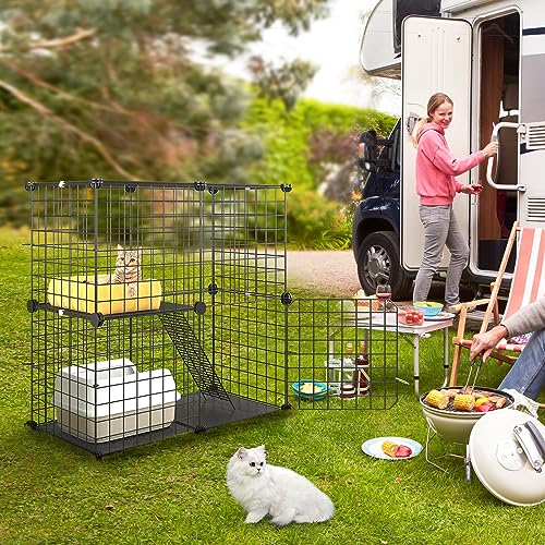 YITAHOME 2 Tier Large Indoor Cat Cage Crate, DIY Pet Playpen with Detachable Metal Wire, Kitten Kennel Condo with Ladder for Small Animals - Puppy Rabbit Bunny Squirrel, Black