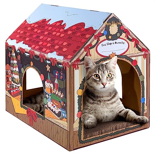 LiBa Cardboard Cat House with Scratch Pad and Catnip, Cat Bed for Indoor Cats, Cat Scratcher, Christmas Decorations Cat Gifts for Cats, Winter Market