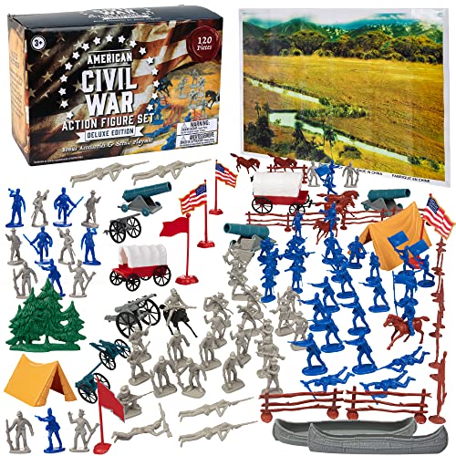 Civil War Army Men Toy Soldier Action Figure Playset -120 pieces including Confederate & Union Soldiers, Cannons, Wagons, Rideable Horses, Terrain & Giant Playmat -Great for Dioramas & School Projects