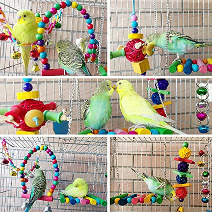 ESRISE 8 Pcs Parakeet Cockatiel Bird Toys, Hanging Bell Pet Bird Cage Hammock Swing Toy Wooden Perch Chewing Toy for Budgerigar, Conures, Love Birds, Finches, Mynah