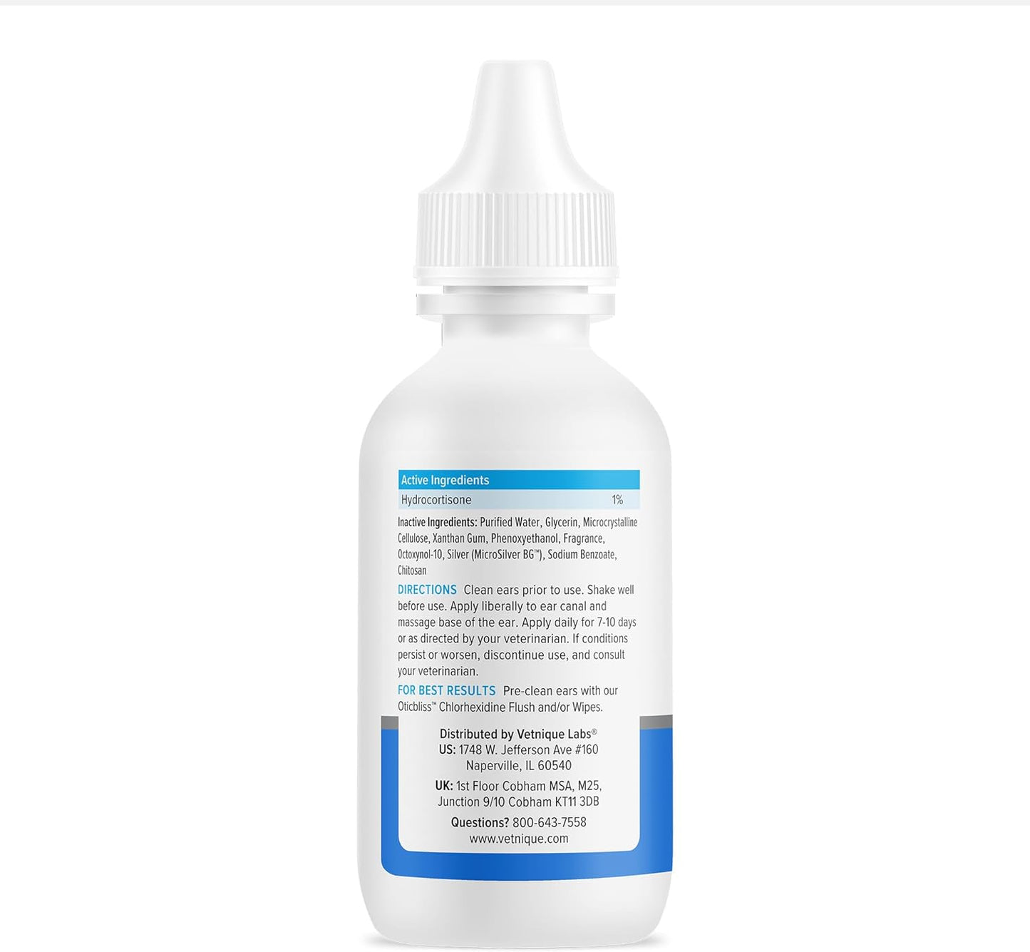 Vetnique Labs Oticbliss Vet-Strength Ear Drops for Dogs & Cats with MicroSilver BG & 1% Hydrocortisone Soothing Relief for Irritated Ears Dog Ear Cleaner, Alcohol-Free Ear Drops with Chitosan 1.8oz