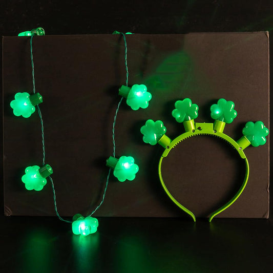2pcs St Patrick's Day Light Up Decorations Set,LED Bulb St Patrick's Day Necklace & Headband Lucky Grass for Costume Dressing-up