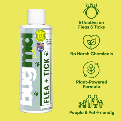 BugMD Flea and Tick Concentrate (3.7 oz)- Essential Oil-Powered Formula, Controls Fleas, Ticks, Mites in Dogs, Cats, and Other Furred Animals, Spray on Pet Beds, Kennels