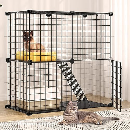 YITAHOME 2 Tier Large Indoor Cat Cage Crate, DIY Pet Playpen with Detachable Metal Wire, Kitten Kennel Condo with Ladder for Small Animals - Puppy Rabbit Bunny Squirrel, Black