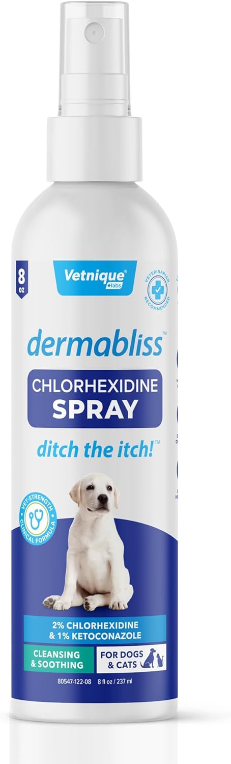 Vetnique Dermabliss Medicated Chlorhexidine Antiseptic Skin Spray for Dogs & Cats, Supports Skin Infections and Irritations 8oz