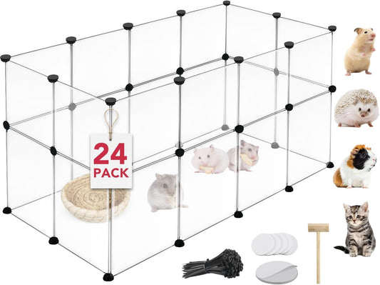 24 Panels Portable Small Animals Playpen,48" x 24" x 28" Transparent Pet Playpen,Plastic Enclosure,Puppy Play Pen for Indoors Outdoor Pet Fence for Guinea Pigs,Bunny,Ferrets,Hamsters,Hedgehogs