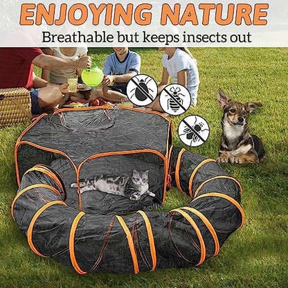 BNOSDM Outdoor Cat Enclosures Mesh Cat Tent with Tunnel Foldable Pop Up Pet Playpen Portable Playhouse for Indoor Cats and Small Animals