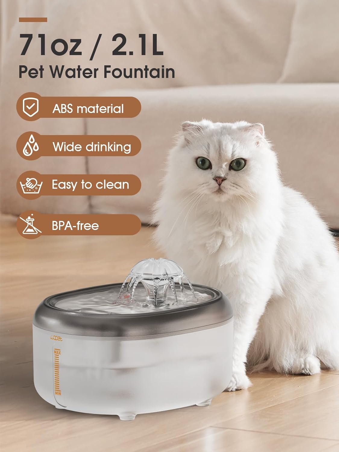 WOPET Cat Water Fountain, 2.1L Cat Water Dispenser with BPA-Free, Translucent Water Tank, Ultra Quiet Water Fountain for Cats Inside, Pet Water Fountain for Cats, Small Dogs