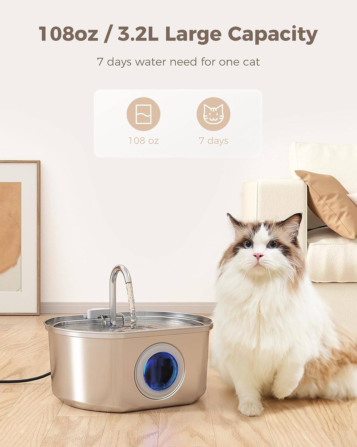 Cat Water Fountain Stainless Steel: 108oz/3.2L Cat Fountain for Drinking- Pet Water Fountain for Cats Inside - Automatic Cat Water Dispenser Bowl - Cat Feeding & Watering Supplies - Water Level Window