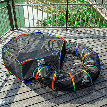 LUCKITTY Outdoor Rainbow Cat Enclosures Playground,Outside House for Indoor Cats Include Portable Cat Tent, Circle Playpen Tunnel, for Kitty and Small Animals,Within Storage Bag