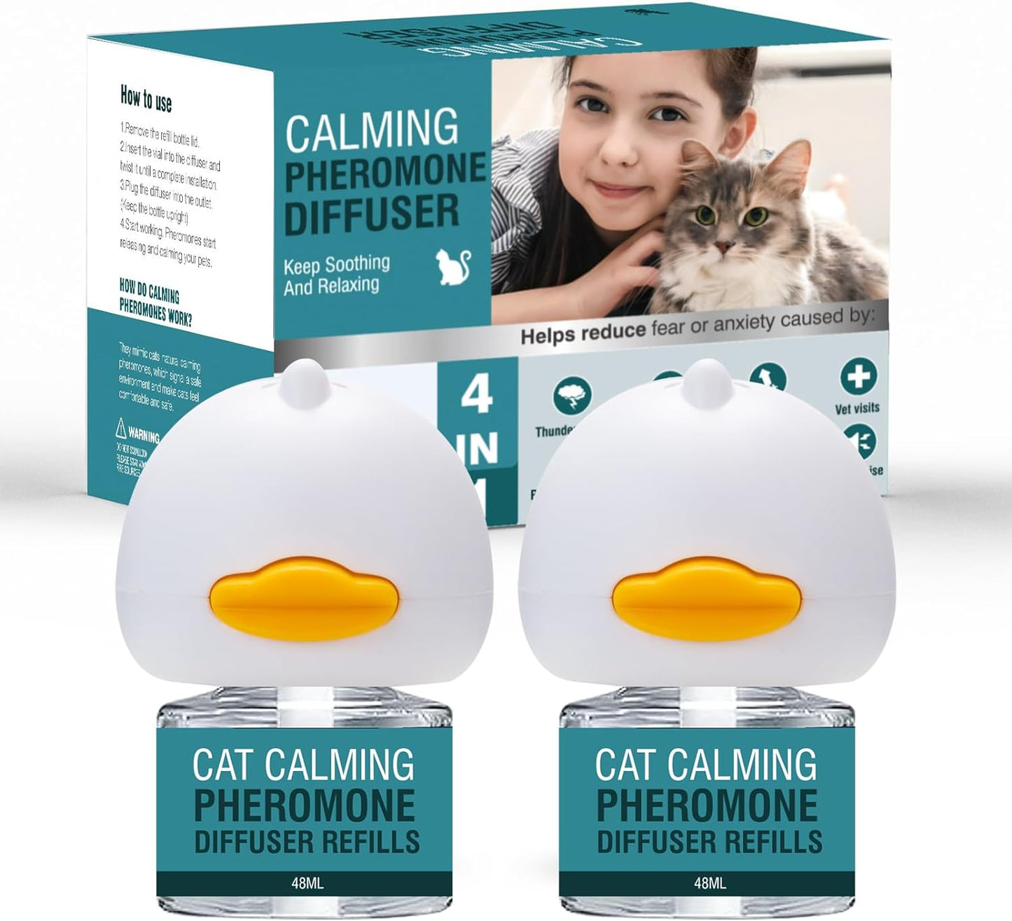 Cat Calming Diffuser 4 in 1 Multicat Calming Pheromones Diffusers Relief Stress Anxiety Fighting Scratching 60 Days Calm Relaxing Pheromone for Cats kit 48ml Refill Fits All Common Diffuser Plug In