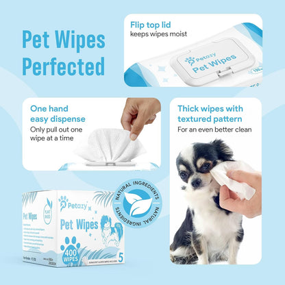 400 Dog Wipes for Paws and Butt Ears Eyes | Organic Pet Wipes for Dogs | Unscented Dog Wipes Cleaning Deodorizing | Extra Thick Paw Wipes for Dogs Cats Pets | Bonus Glove Wipes Included