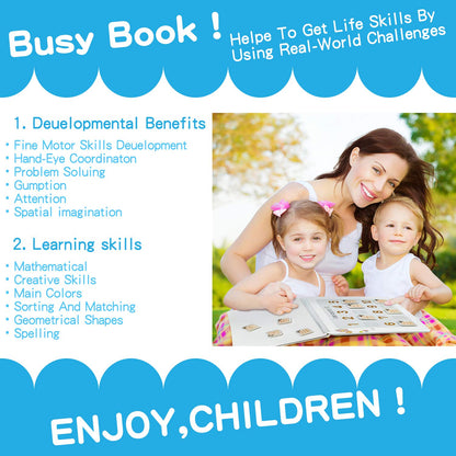 Busy Book for Kids, Montessori Autism Sensory Educational Toys, 12 Pages Toddler Preschool Activity Binder and Early Learning Toys - for Boys & Girls Develops Fine Motor Skills