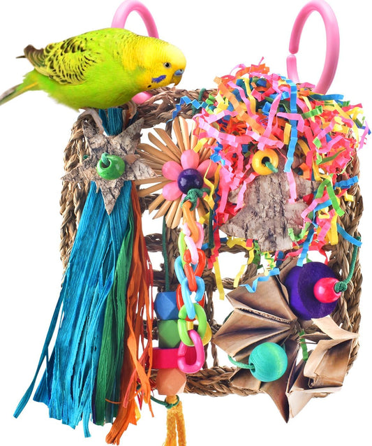 KATUMO Conure Toys, Bird Grass Mat Foraging Wall Toy Parrot Climbing Hammock with Colorful Toys for Parakeet, Cockatiel, Sun Conure, Lovebird, Budgie, Small Birds