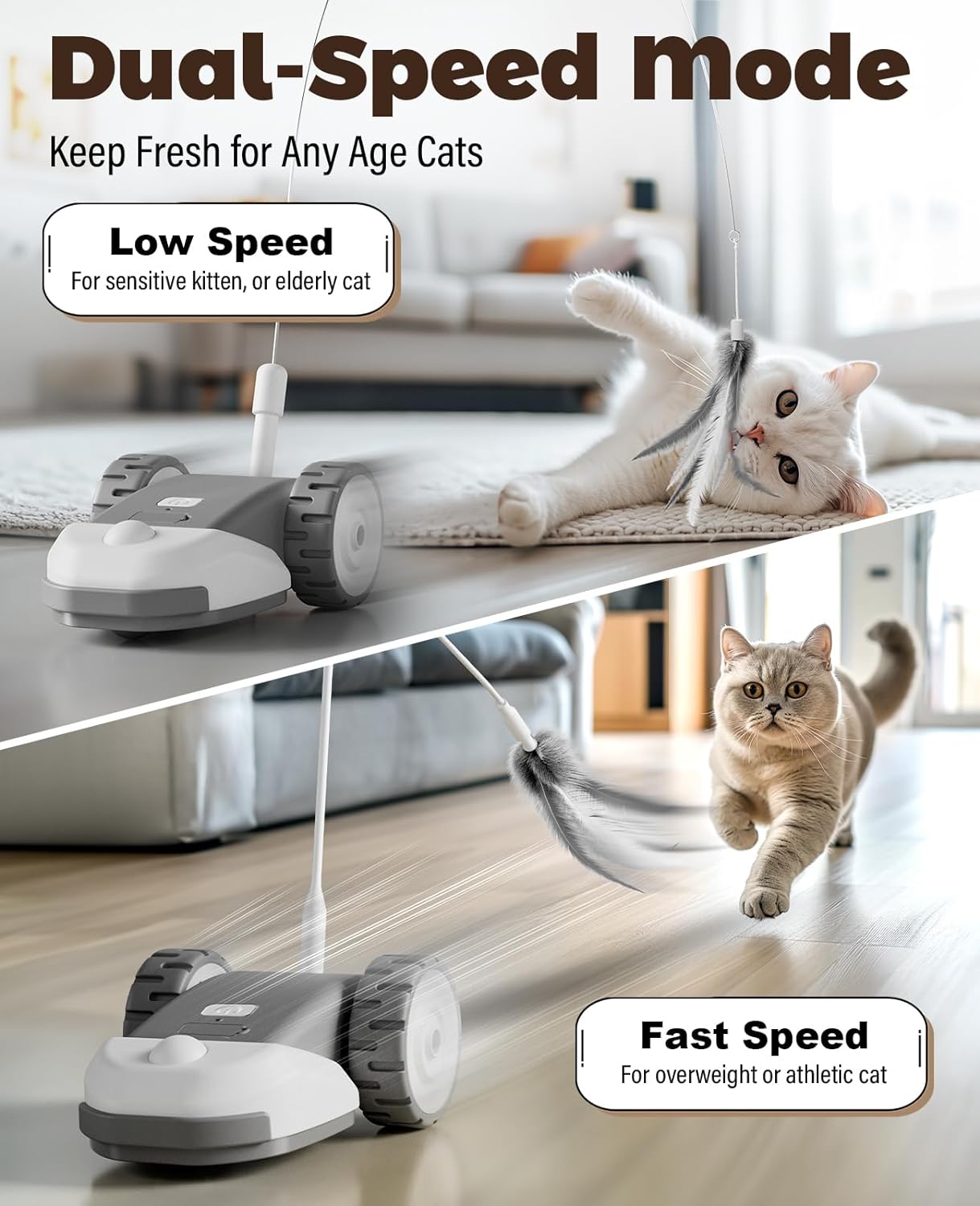 3-in-1 Interactive Cat Toy - 2-Speed Automatic Moving Mouse Cat Toys Self Play with 2pcs Hanging Feather String Ribbon and Wiggly Silicone Mice Tail for Bored Indoor Adult Cats Kittens