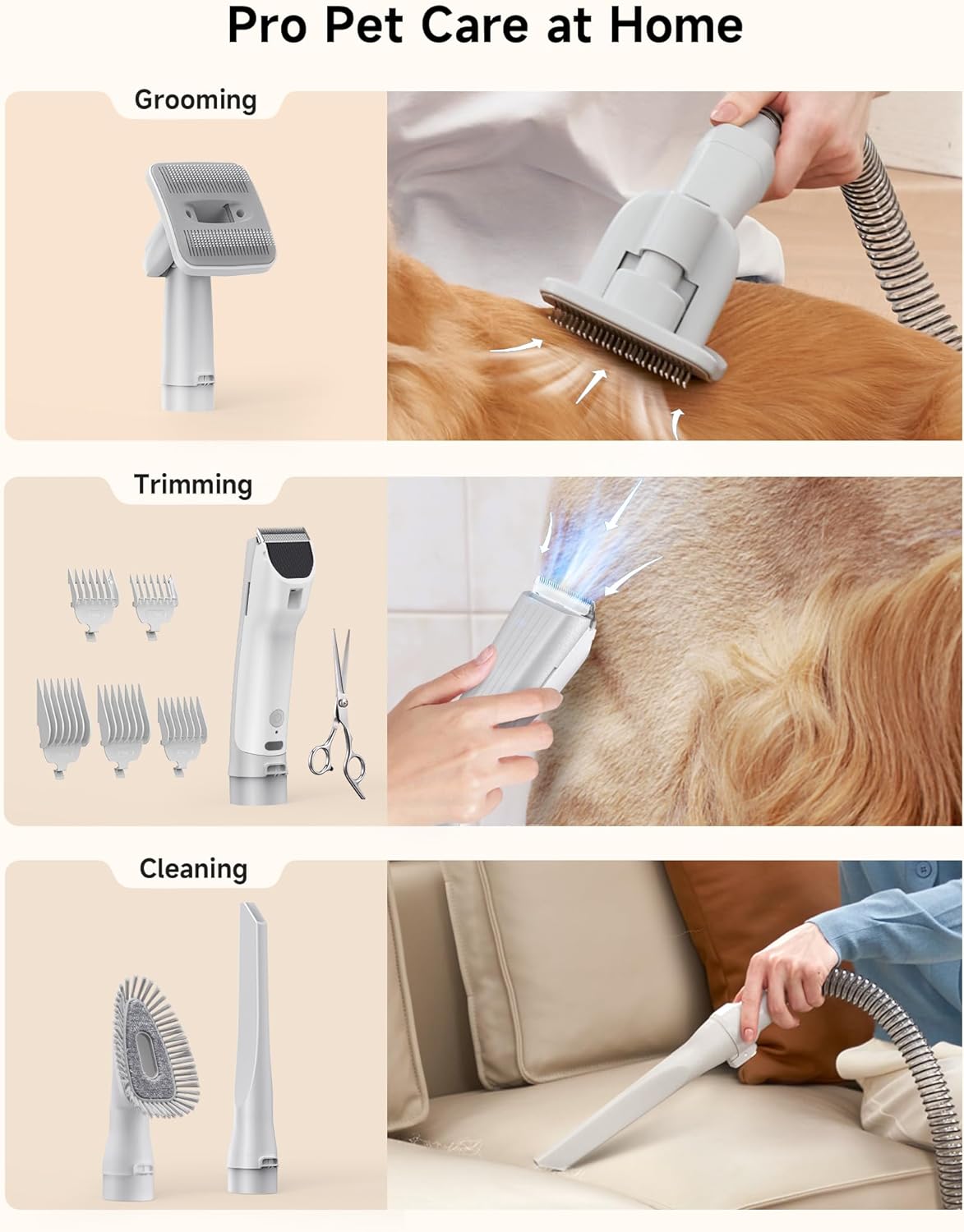 S1+ Pet Grooming Vacuum, Minimum 45dB Pet Friendly Cozy Mode™, 12Kpa Dog Vacuum for Shedding Grooming with 2L Dust Cup, 6 Professional Pet Grooming Tools for Dogs Cats, Gray
