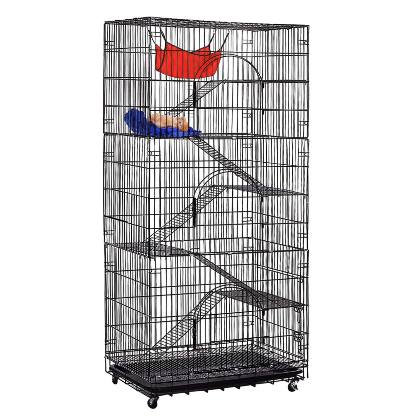 6-Tier Wire Cat Cage, 76inch Cat Playpen Enclosure Catio with Hammock and Rotating Wheels for Kittens, Ferrets & Small Animals Indoor Outdoor