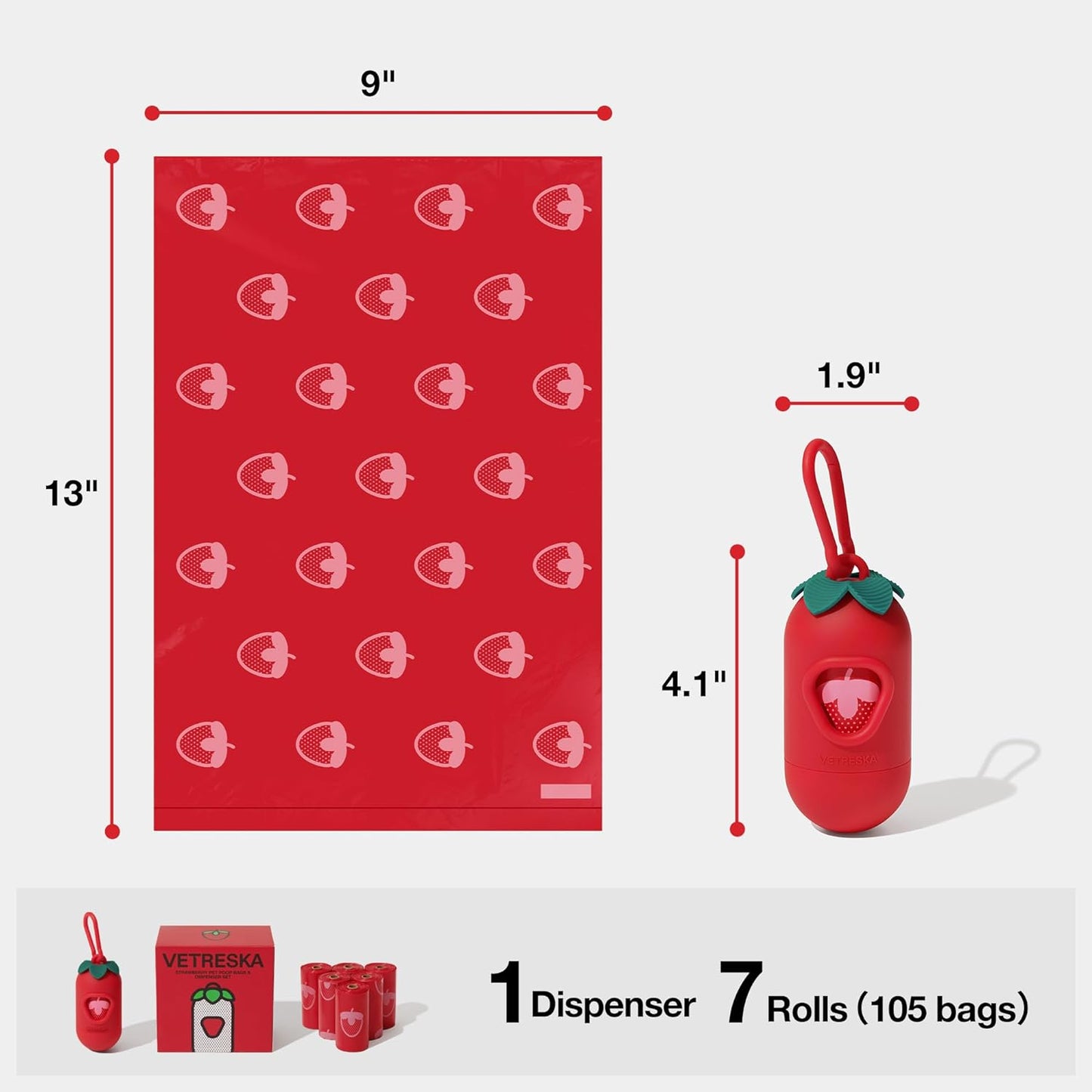 VETRESKA Dog Poop Bag Dispenser with Strawberry Scented Bags, Leak Proof, Extra Thick and Large Pet Waste Bags,1 Count Bag Holder and 105 Bags (7 Refill Rolls) for Walking Dog and Cats Litter, Red