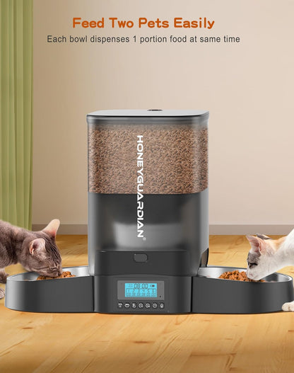 HoneyGuaridan 3.5L Automatic Cat Feeder for Two Cats, Cat Food Dispenser with Stainless Steel Bowl,Timed Cat Feeder Programmable 1-6 Meals Control, Dual Power Supply,Desiccant Bag,10s Meal Call