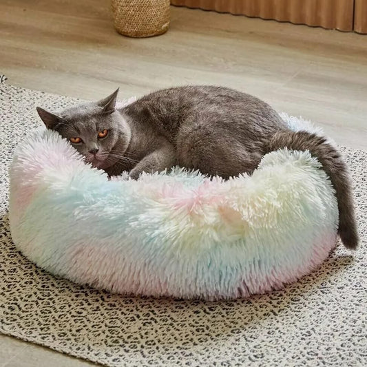 Geizire Cat Bed Dog Bed for Cats, Small/Medium Dogs, Washable Donut Calming Round,Soft Fluffy Warm and Cozy Anti Anxiety Cuddler, Joint-Relief Pet Bed(Medium, Rainbow)