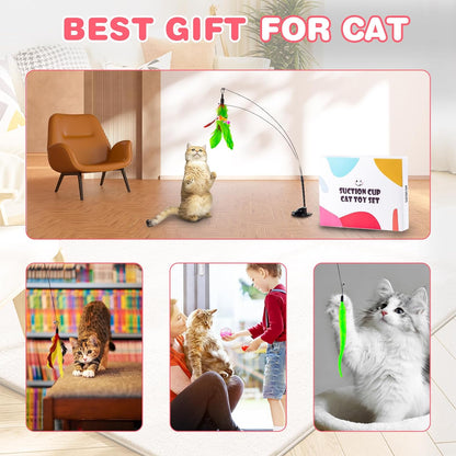 Interactive Cat Toy Suction Cup Cat Bird Simulation Cat Toy Set Self Play Cat and Kitten Toys for Indoor Cats 3Pcs Cat Wand Toy 14Pcs Cat Feather Replacement Toys Hanging Cat String and Mouse Toy